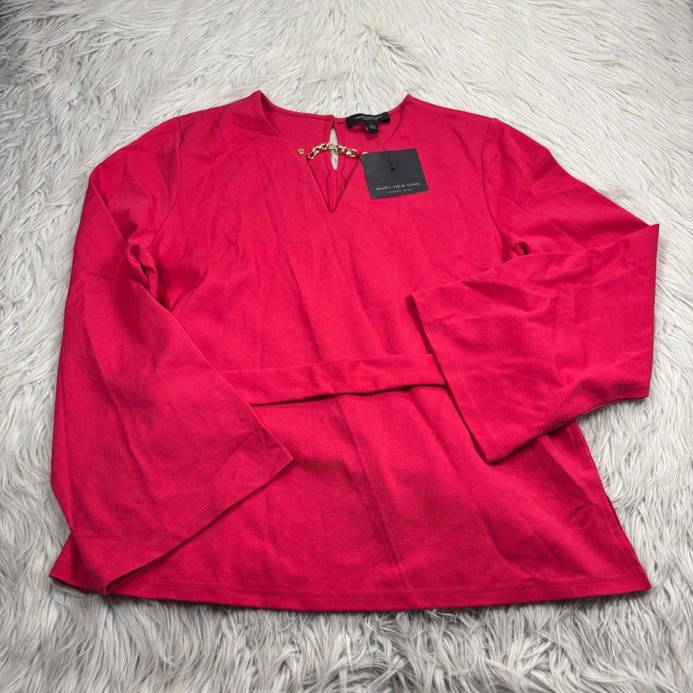 NWT Marc New York Women's L Pink Bell Sleeve Chain Neck Jersey Blouse Maximalist